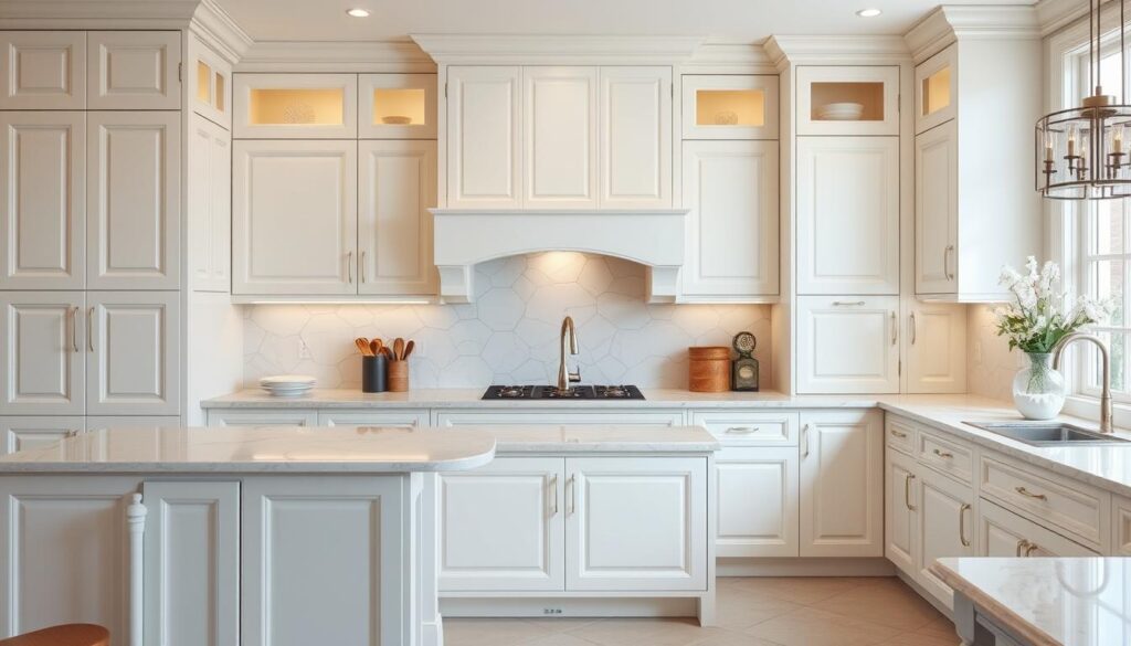 white and cream kitchen cabinets